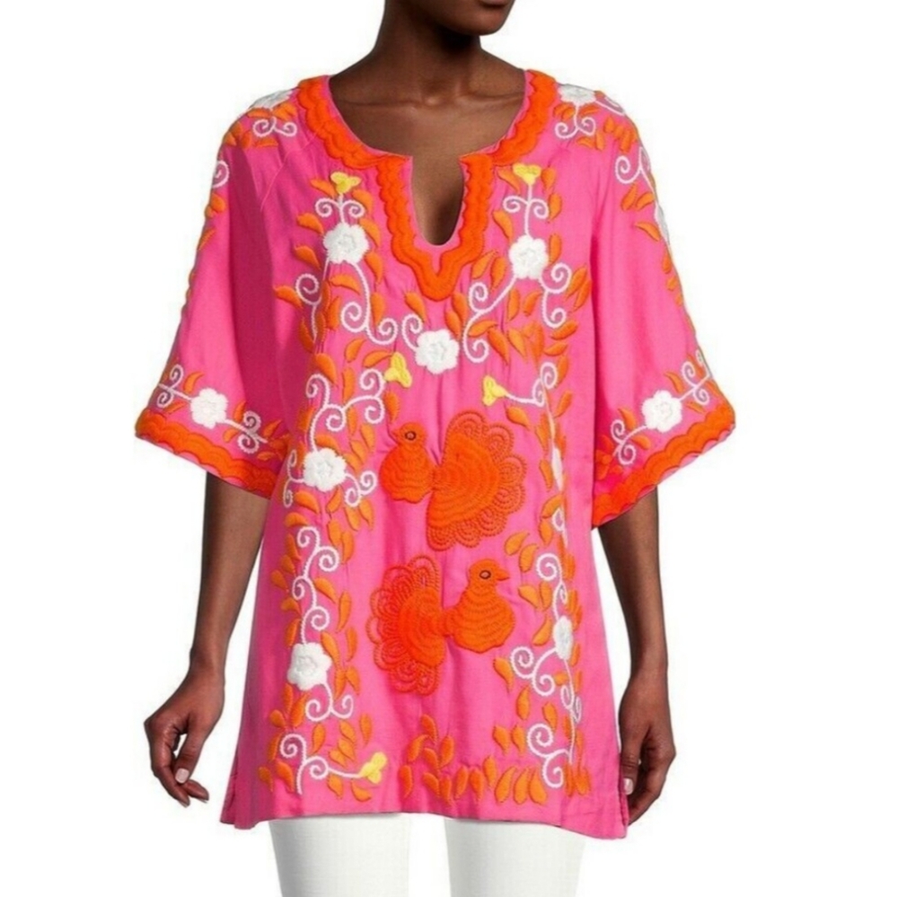 Frances Valentine Peacock Tunic with Pockets Orange & Coral Size 2